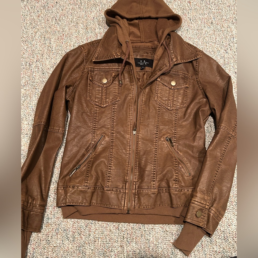 Brown Leather Jacket with Hoodie